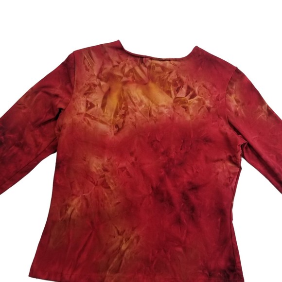 Vintage Dressbarn V Neck Top Women M Red Tie Dye 3/4 Slv Stretch Sequin 90s Y2K - Picture 4 of 14